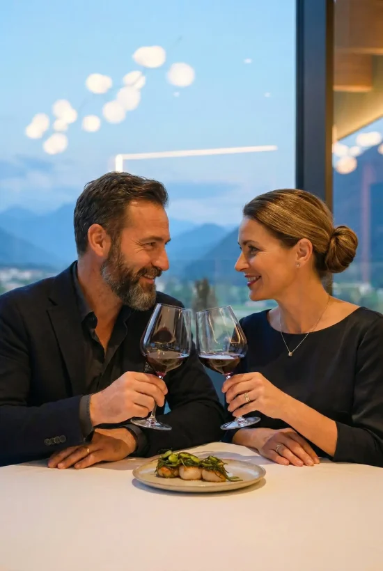 Coppia a cena con calici di vino rosso e piatto gourmet con vista sulle Orobie al tramonto — Beides Restaurant Collina Luxury Relais