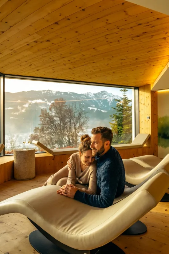 Coppia su chaise longue nell'area relax con soffitto in legno e vetrata panoramica sulle Orobie innevate — My Purity SPA Collina Luxury Relais