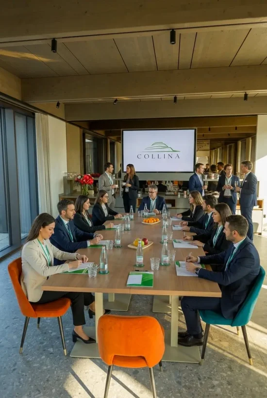 Riunione aziendale nella sala meeting con logo Collina sullo schermo, soffitto in legno e arredi contemporanei — Collina Luxury Relais Clusone