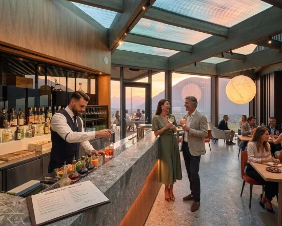 Bancone dell'Americano Bar con barman al servizio, cocktail, ospiti all'aperitivo e tramonto sulle montagne al Collina Luxury Relais di Clusone