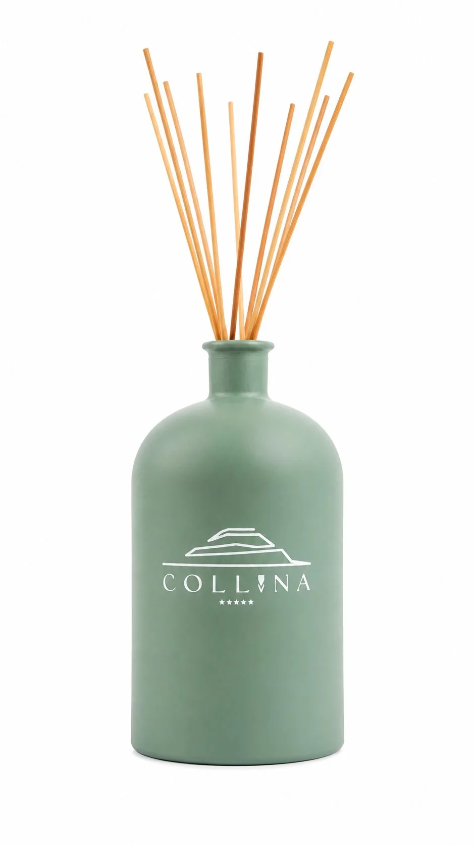 1L sage green home diffuser with rattan reed sticks and Collina five-star logo on white background