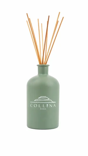 500ml sage green home diffuser with rattan reed sticks and Collina five-star logo on white background