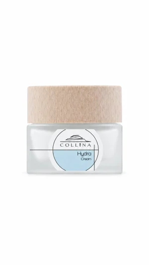 Crema idratante Hydra Cream Collina in vasetto vetro satinato con tappo in legno ed etichetta azzurra su sfondo bianco