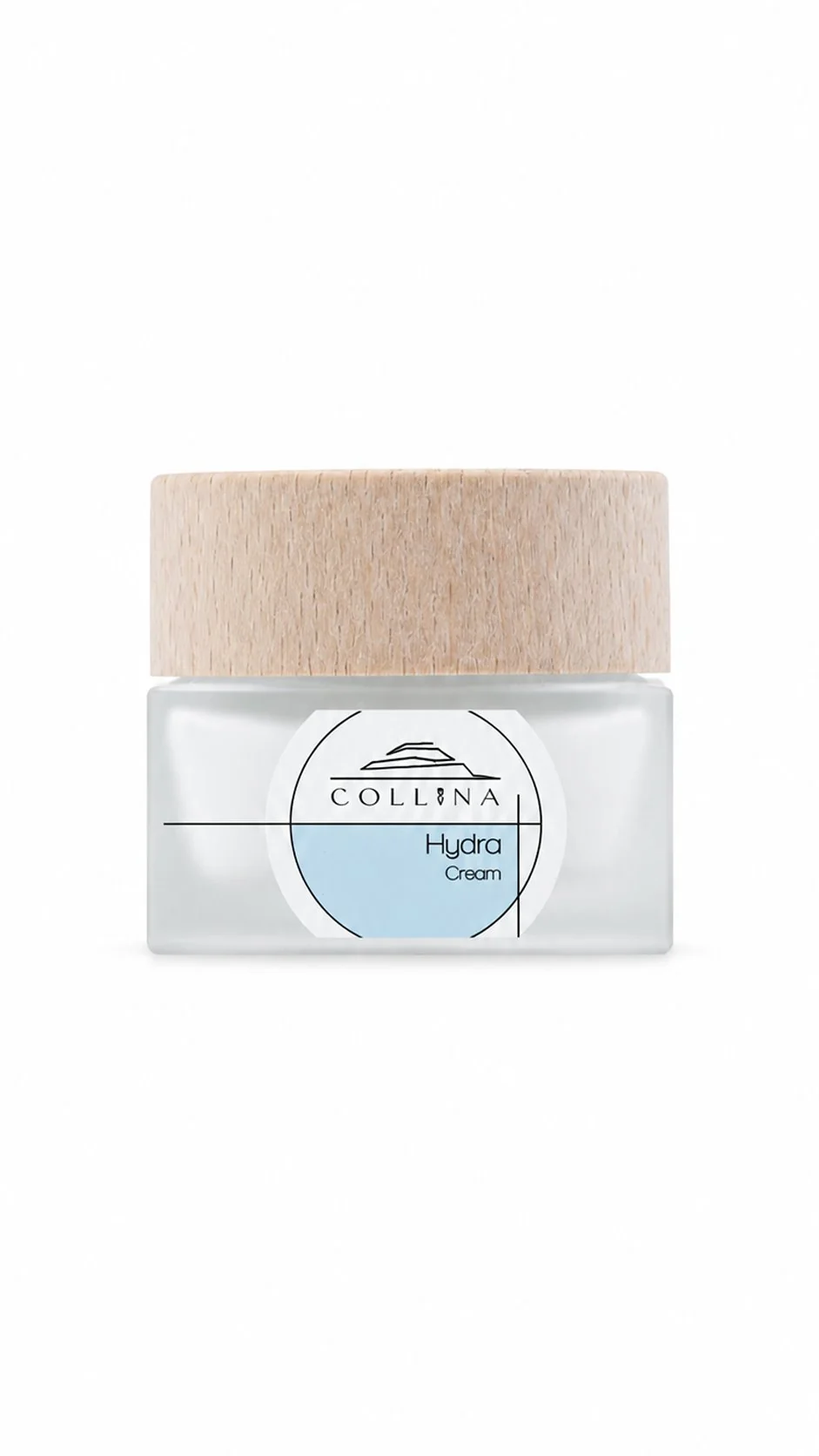 Crema idratante Hydra Cream Collina in vasetto vetro satinato con tappo in legno ed etichetta azzurra su sfondo bianco