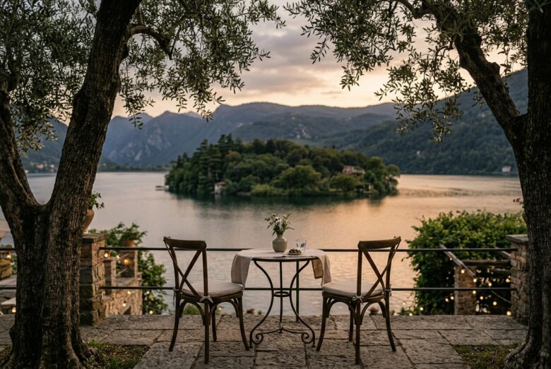 Vista sul lago d'Iseo e su Monte Isola da una terrazza sulle colline di Iseo