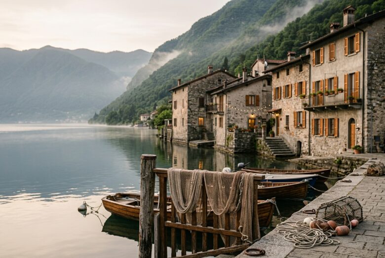 Borgo di pescatori con case in pietra e barche di legno affacciato su un lago prealpino, con le montagne sullo sfondo al mattino