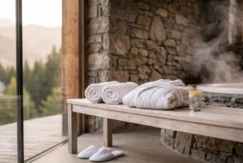 Piscina esterna riscaldata con lettini e ombrelloni della My Purity SPA al Collina Luxury Relais, Clusone, con vista sulle Prealpi Orobie in Valseriana