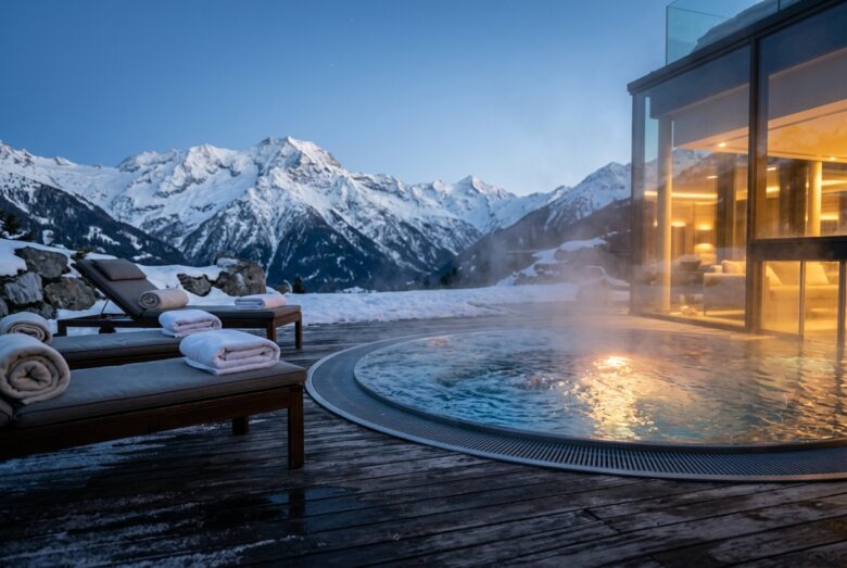 Piscina interna riscaldata con vetrata panoramica sulle Prealpi Orobie e lettini della My Purity SPA al Collina Luxury Relais, Clusone Valseriana