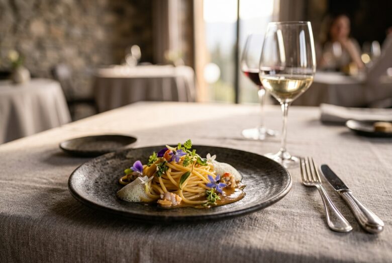 Piatto di pasta fresca impiattato su ceramica scura con erbe e fiori eduli, su una tavola di ristorante apparecchiata