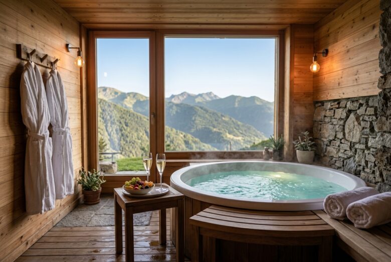 Spa privata per due con vasca idromassaggio, accappatoi e calici di bollicine, vista sulle montagne