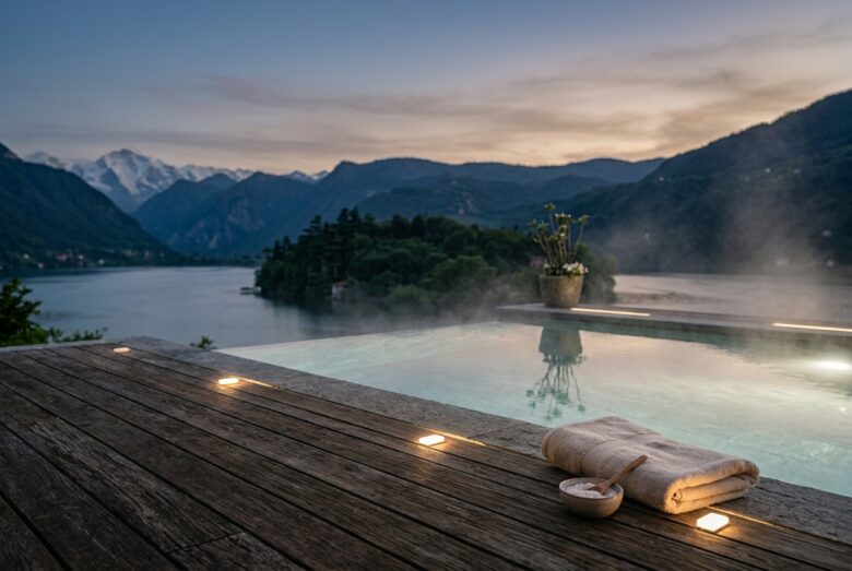 Piscina a sfioro all'aperto con acqua calda e vista sulle Alpi innevate al crepuscolo