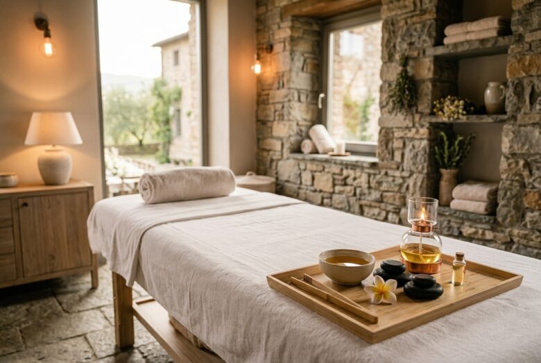 Massaggio di coppia con oli nella cabina trattamenti della My Purity SPA al Collina Luxury Relais di Clusone, luce calda e atmosfera raccolta