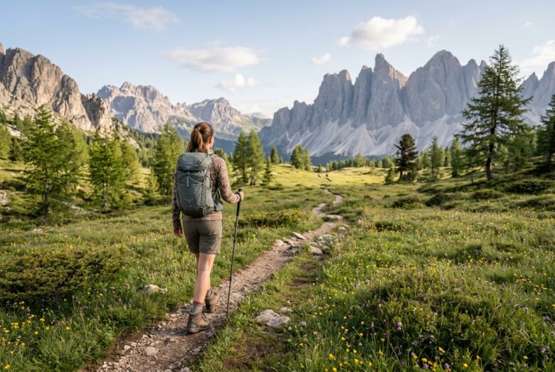 Escursionista su un sentiero di montagna in Valseriana con le Orobie sullo sfondo