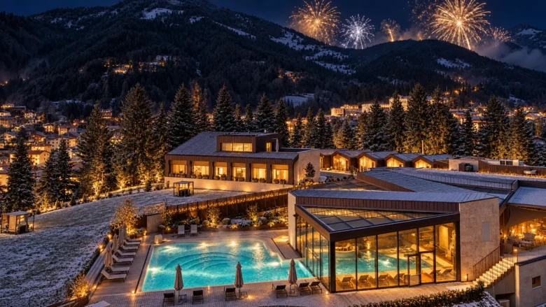 Il Collina Luxury Relais di Clusone di notte sotto la neve, con la piscina illuminata e i fuochi d’artificio sulle montagne della Valseriana, immagine illustrativa del Capodanno