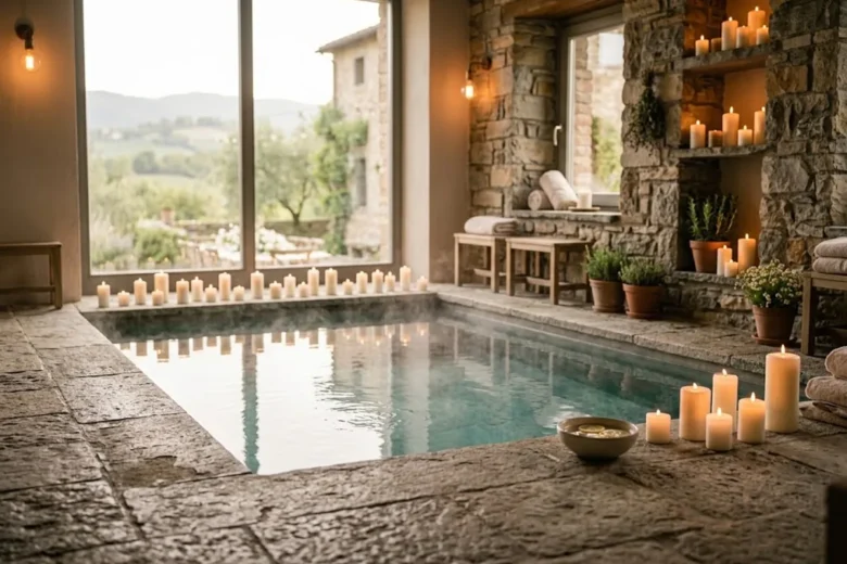 Piscina di spa con vapore leggero e candele accese lungo il bordo