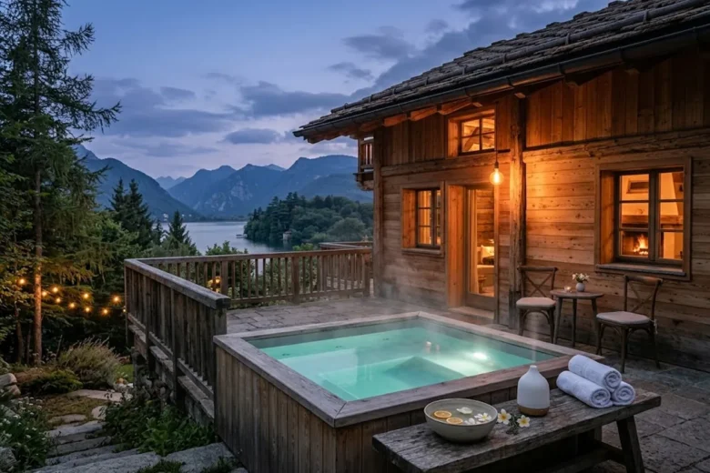 Chalet in legno di montagna al crepuscolo con jacuzzi privata sulla terrazza e luci calde dalle finestre