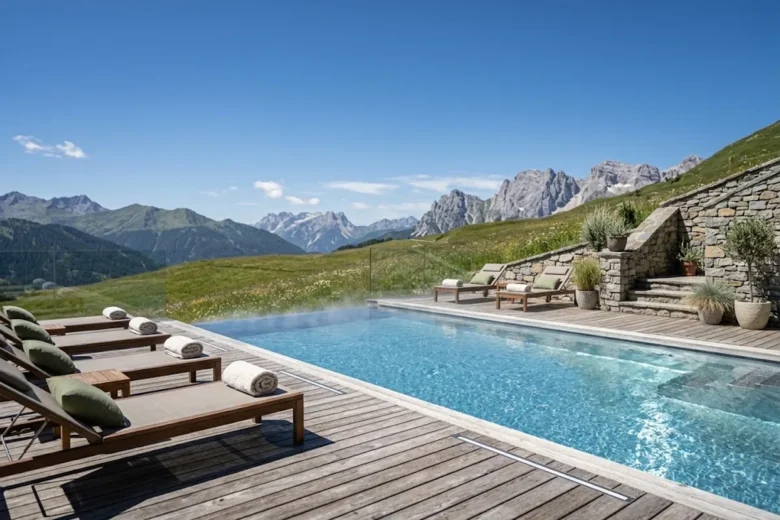 Piscina all'aperto su un pendio di montagna in estate con lettini vuoti e cime sullo sfondo