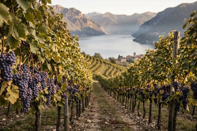 Filari di vite con grappoli maturi in autunno, con un lago prealpino sullo sfondo