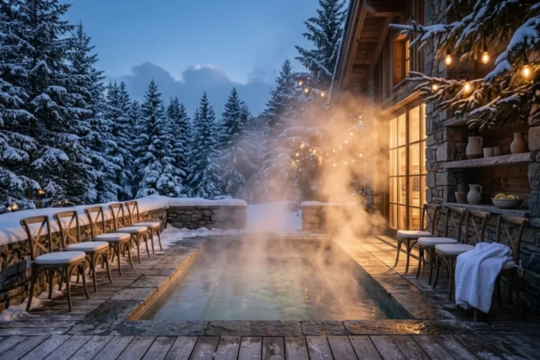 Piscina riscaldata all'aperto con vapore denso nell'aria fredda invernale e neve intorno