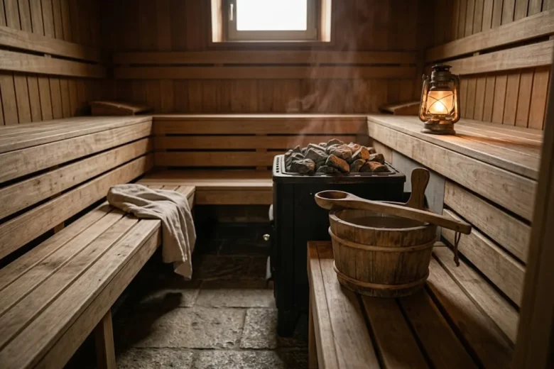Interno in legno di una sauna finlandese con pietre calde e luce soffusa