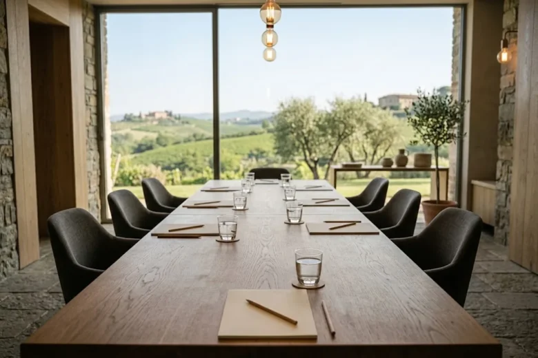 Sala riunioni con tavolo in legno e vetrate panoramiche sulle colline