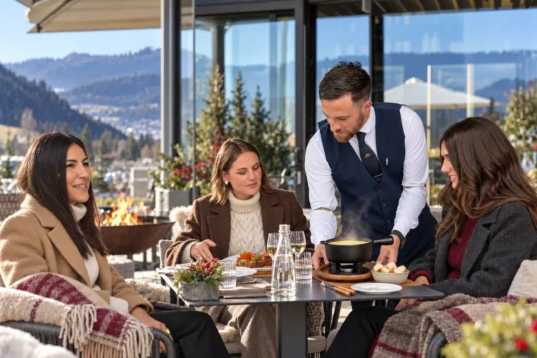 Fondue di formaggio servita al tavolo all’aperto con pane e plaid, braciere acceso e vista sulle montagne, immagine illustrativa del Winter Garden del Collina Luxury Relais di Clusone